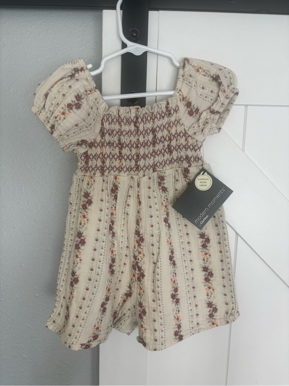 Gerber Cream Floral Smocked Romper with Puff Sleeves